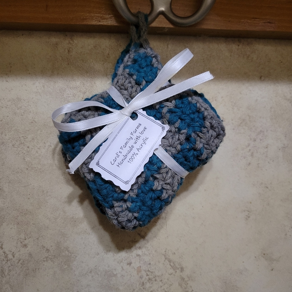 Handmade Crochet Pot Holders in Teal and Grey